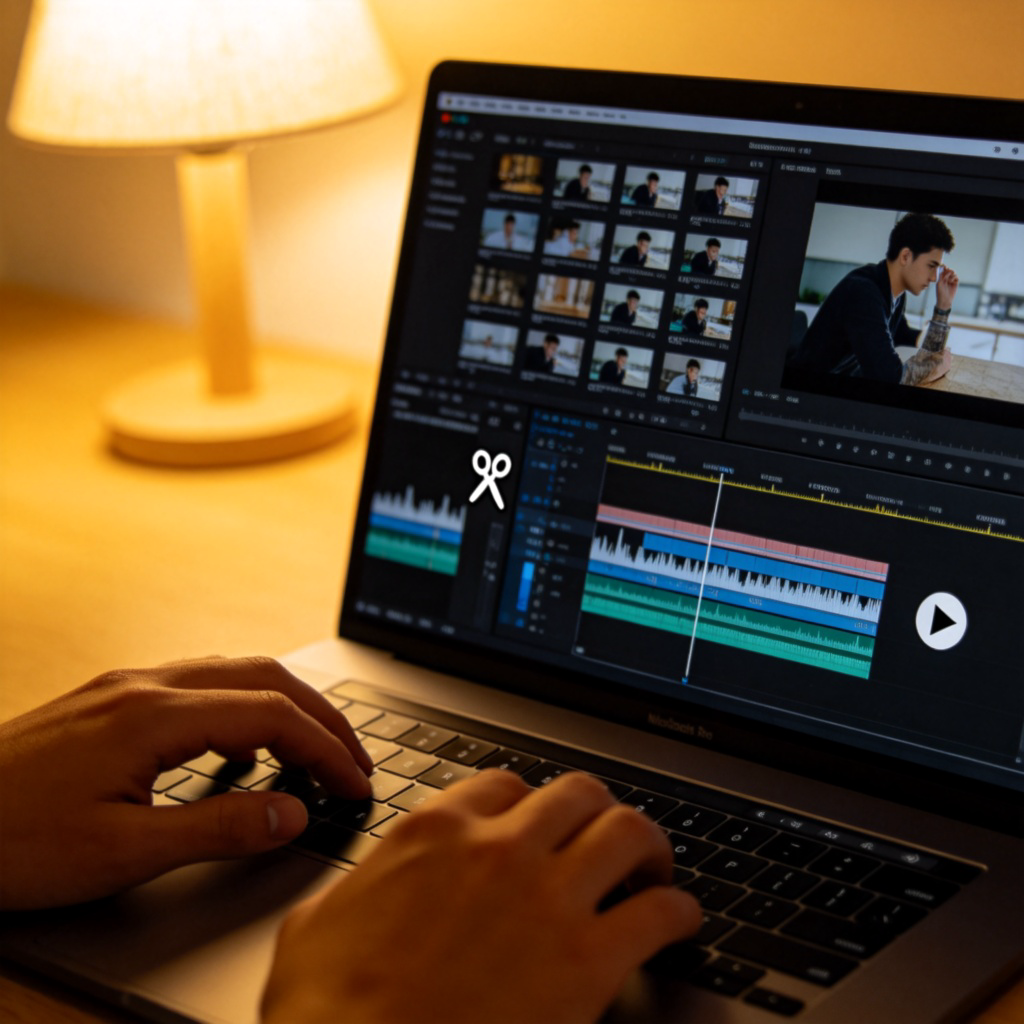 A person's hands working on a laptop. On the screen, a video editing software interface is open, showing a timeline with multiple video and audio tracks, scissors icon, and play button. Soft focus on the screen, warm desk lamp lighting. No recognizable text or logos.