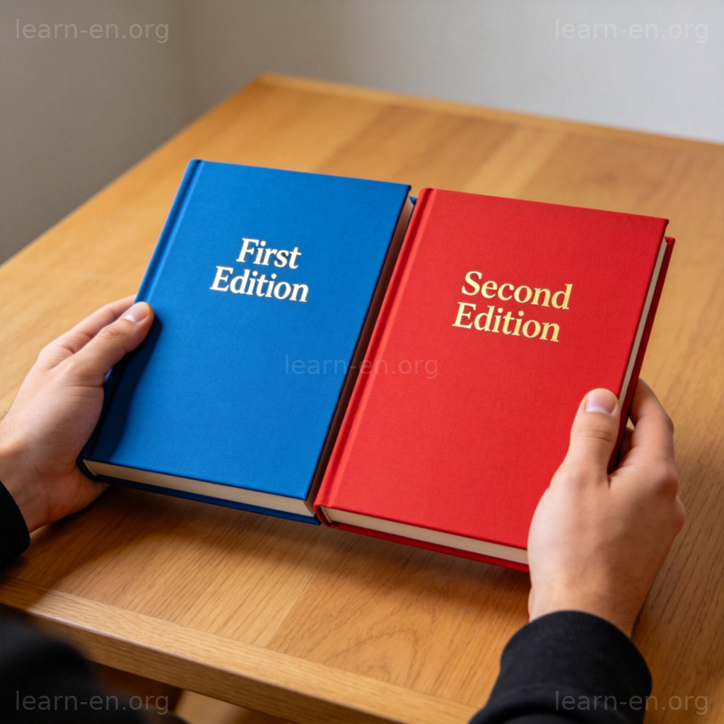 A person's hands holding two identical hardcover books side by side on a wooden table. One book has a blue cover labeled "First Edition," the other has a red cover labeled "Second Edition." The covers are clearly different in color and text. Natural lighting, clean background, focus on the book covers. No other text or logos.