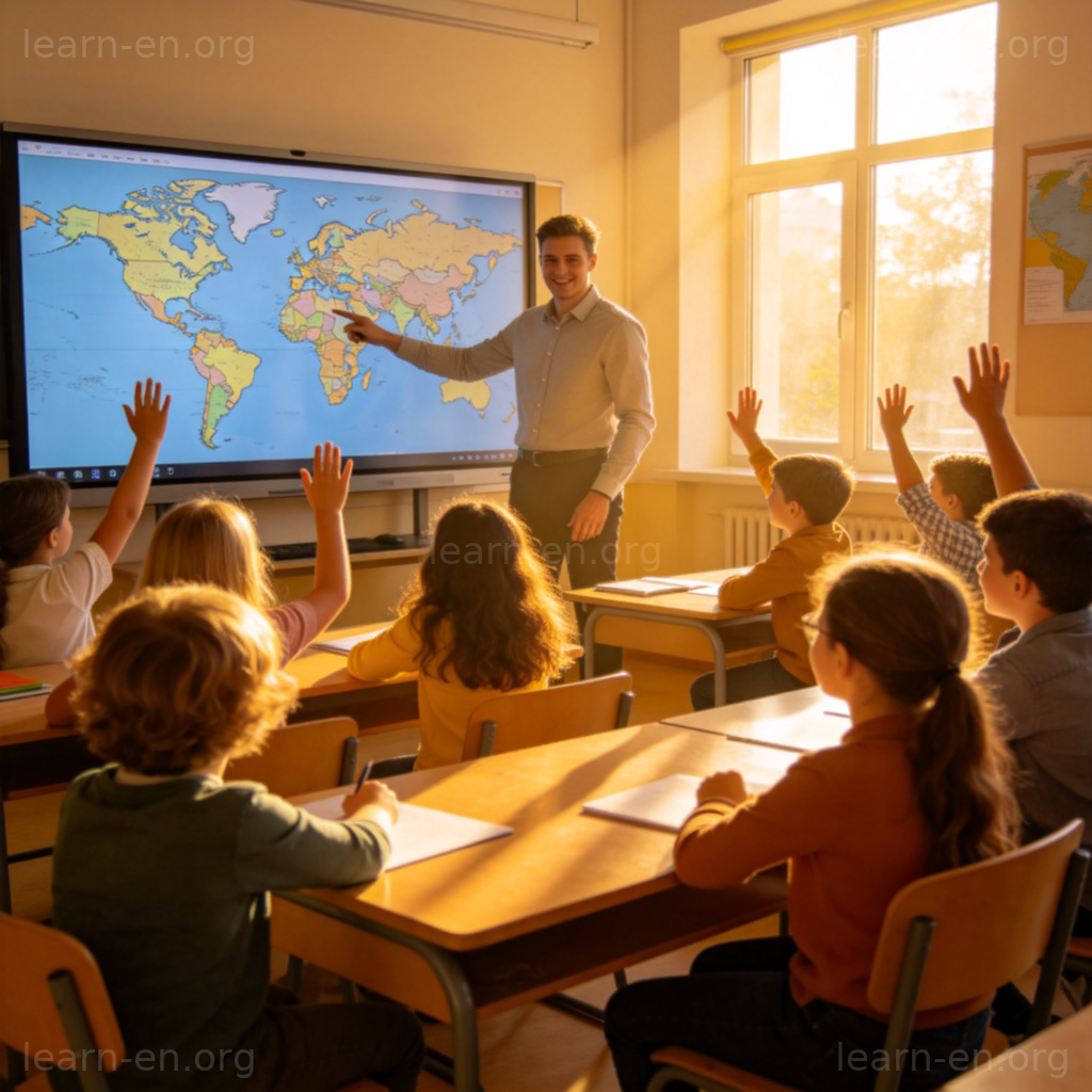 educate 教育场景图解：老师在智能白板前授课，学生专注听讲