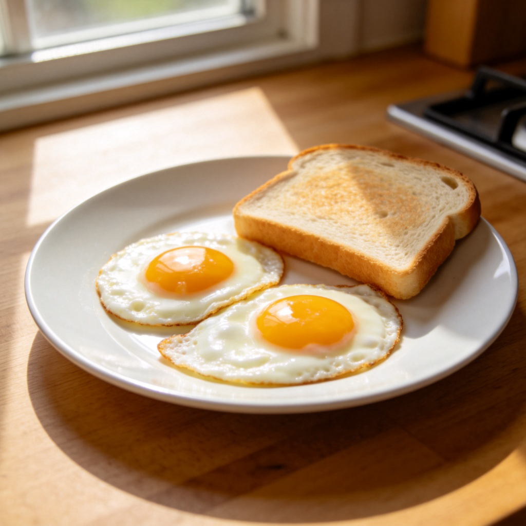 A close-up, top-down view of a simple white plate on a wooden kitchen table. On the plate are two sunny-side-up fried eggs with golden yolks, next to a piece of toast. Natural morning light from a window. No people, no text, focus entirely on the food.