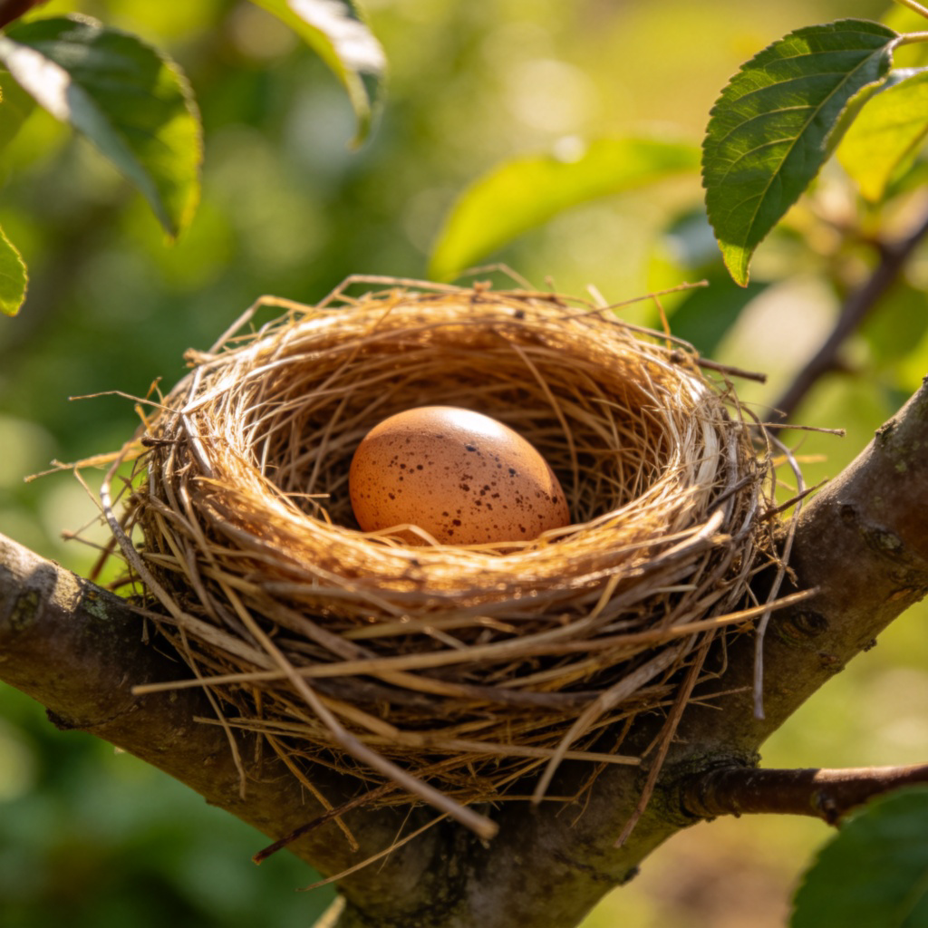 A realistic close-up of a small, speckled brown bird's egg nestled safely in a cup-shaped nest made of twigs and dried grass. The nest is on the branch of a tree in a garden, with green leaves slightly out of focus in the background. Soft daylight. No birds in the frame.