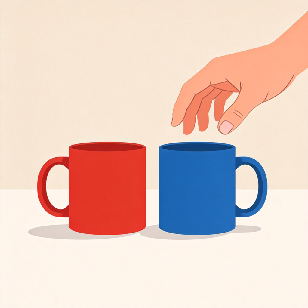 A clean, flat surface with two identical but distinct objects, like a red mug and a blue mug, placed side by side. A person's hand is reaching towards them, as if about to pick one. The lighting is even and clear, focusing on the choice between the two items. No text.
