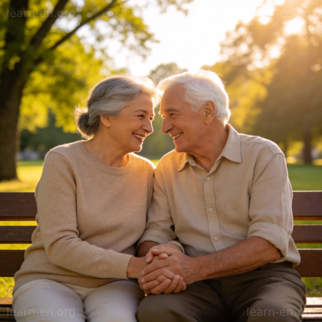 elderly 含义图解：公园长椅上微笑携手的老夫妇温馨场景