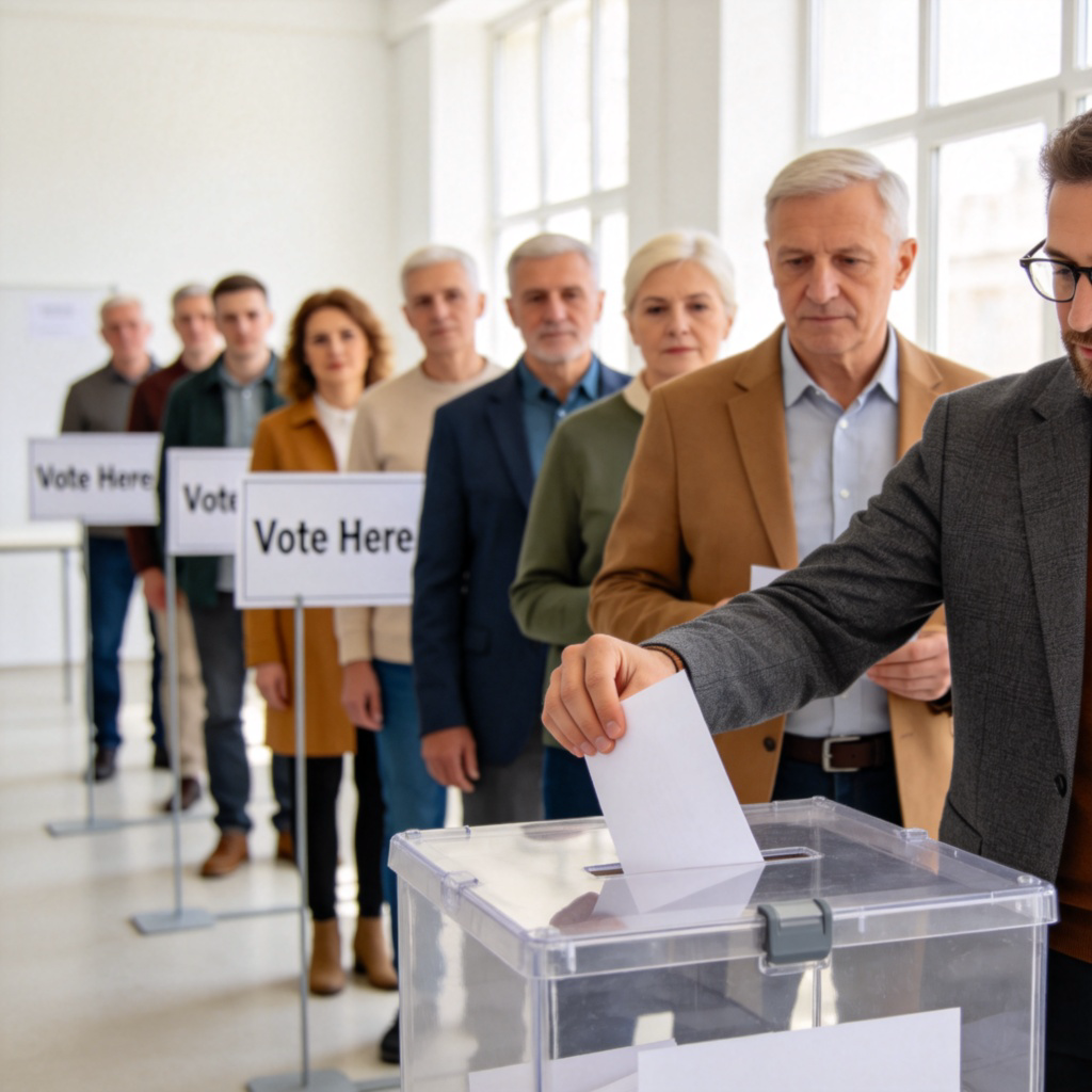A realistic scene inside a bright polling station. People of diverse ages and backgrounds stand in a queue. In the foreground, a person is clearly dropping a paper ballot into a sealed, transparent ballot box. The focus is on the act of voting. Clean and well-lit environment with simple signs like ‘Vote Here’. No text on the ballot.