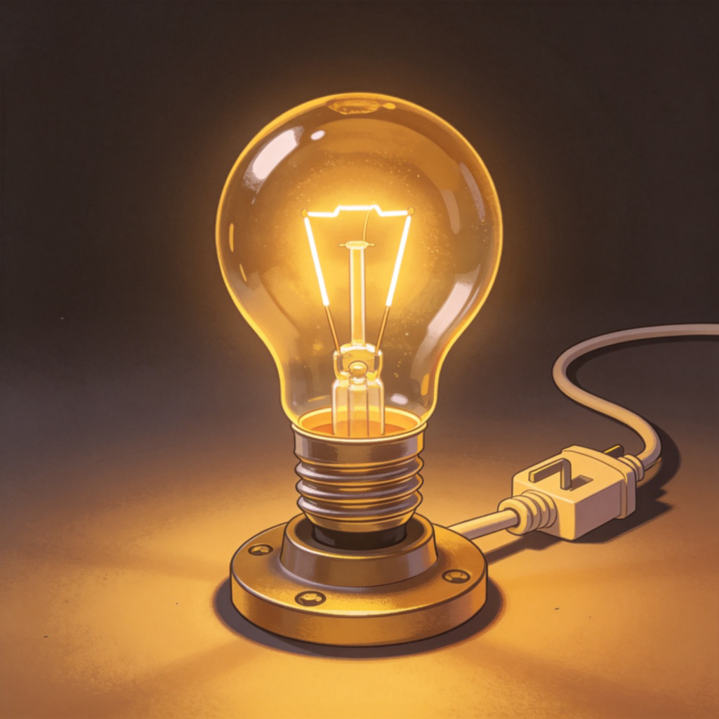 A close-up, realistic illustration of a classic incandescent light bulb glowing brightly. It is screwed into a lamp socket, with a visible electrical plug and cord trailing off to the side against a plain, dark background. The light illuminates the surrounding area with a warm glow. No text or logos are present.