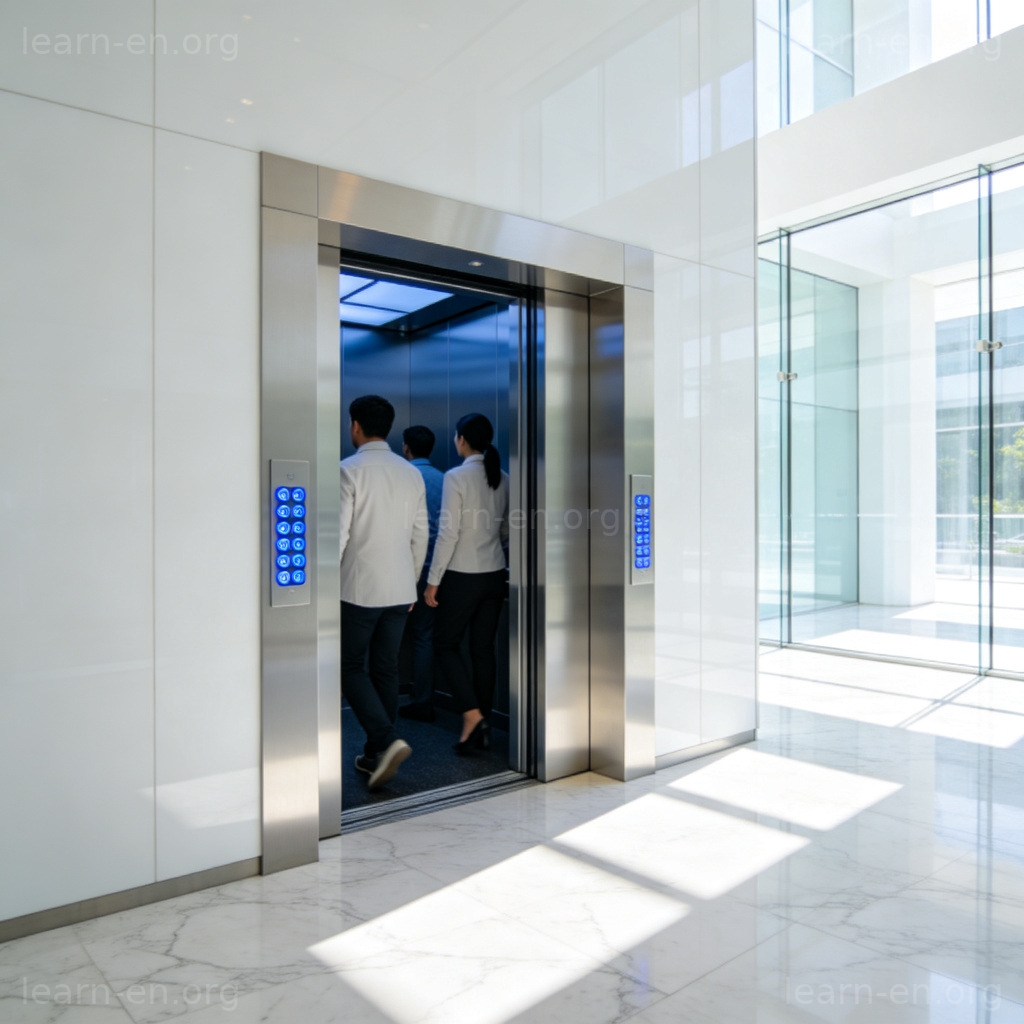 Elevator 电梯图解：明亮大厅中人们进入发光的电梯