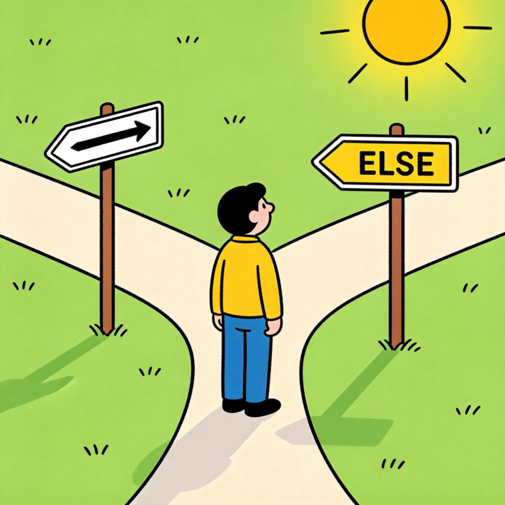 A person standing at a crossroads with two clear signs. One sign points straight ahead. The other sign is labeled "ELSE" and points to a different, sunny path. Simple cartoon style, bright colors, focus on the signs and the choice. No text other than "ELSE" on the sign.