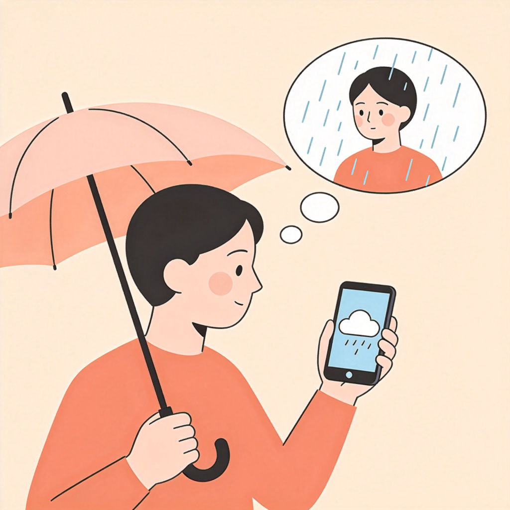 A person looking at a weather app on their phone showing a rain cloud icon. They are holding an umbrella in one hand, debating whether to take it. In a thought bubble above their head, the same person is shown getting wet in the rain. Clean, flat illustration style. No text.
