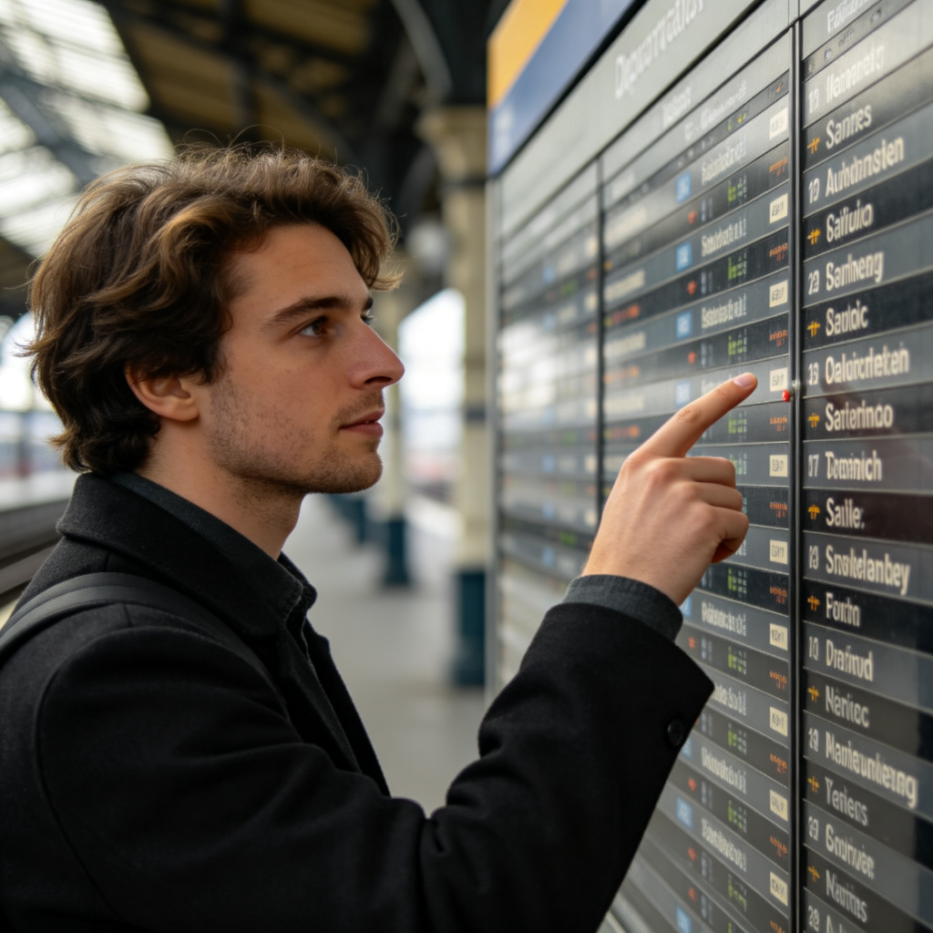 A person standing at a train station, looking at a departure board with multiple destination names. They are pointing towards one destination, indicating a decision to travel to a different place. Photorealistic style, daytime lighting, focus on the person's gesture and the board. The scene conveys the idea of moving elsewhere. No text or logos visible.
