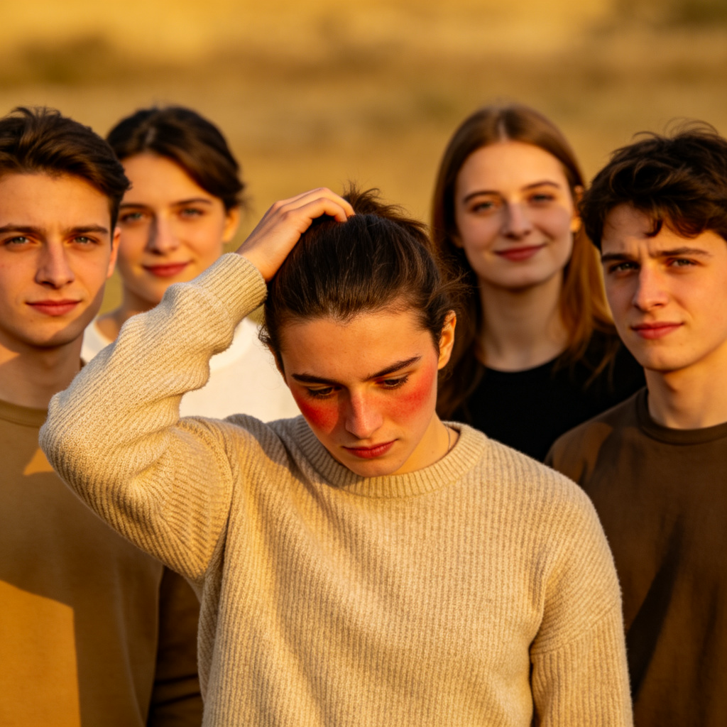 Embarrassed 尴尬图解：一个人犯错后脸红低头挠头