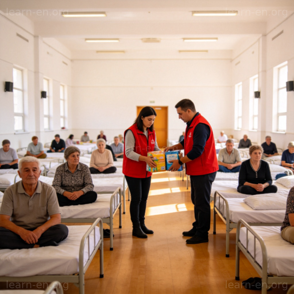 Emergency Shelter 图解：社区紧急避难所内景与物资分发场景