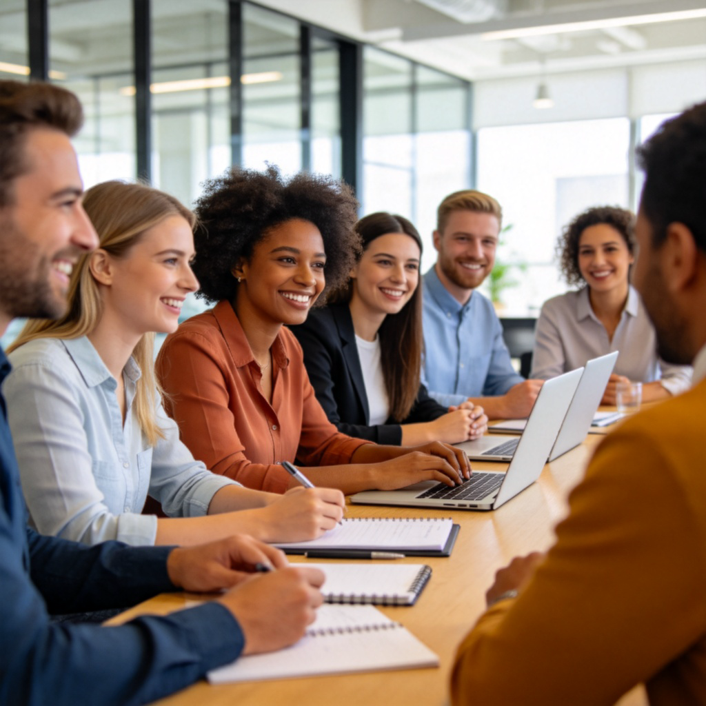 A diverse group of people dressed in smart casual office wear, sitting around a conference table in a bright, modern office. They are smiling and discussing a project, with laptops and notepads in front of them. The focus is on their engaged expressions and collaborative atmosphere. Realistic photography style, natural lighting, no text or logos.