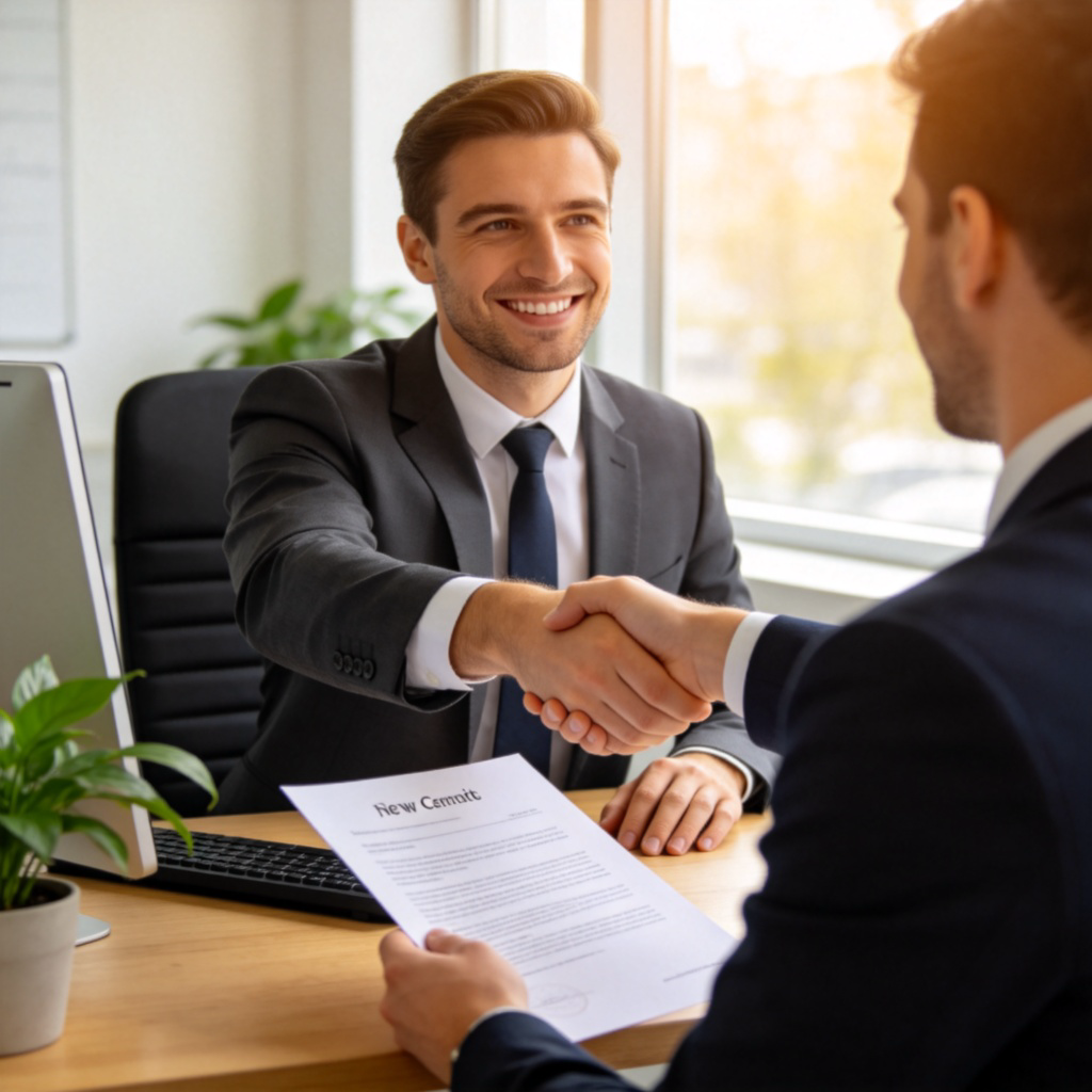 A friendly-looking business person in a modern office, sitting at a desk and shaking hands with a new employee who is holding a contract. The business person represents the employer. The background is a bright, professional office with a computer and a plant. Warm, natural lighting, focus on the handshake and the positive expressions.