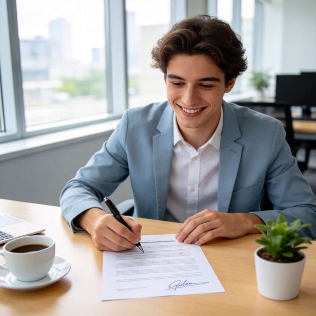 A young person sits at an office desk with a warm smile, signing a formal employment contract. A cup of coffee and a small potted plant are on the desk. The focus is on the signed document and the person's satisfied expression. Bright, natural lighting from a window, clean and organized modern office background. No text.