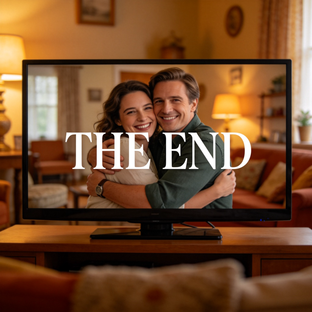 A close-up shot of the final scene from a feel-good family movie playing on a flat-screen TV. Two main characters are hugging and smiling. The screen displays the words 'THE END' in large, elegant white letters over the image. Warm, cozy living room setting in the background.