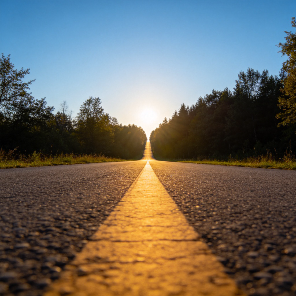 A long, straight country road stretching into the distance, photographed from a low angle. The road ends visibly at a dense line of trees or a simple wooden fence. The focus is on the point where the pavement stops and nature begins, under a clear blue sky.