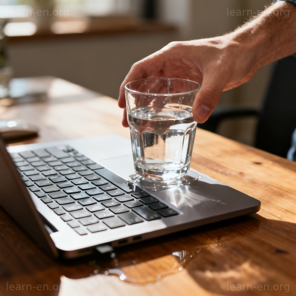 Endanger definition shown by water glass near laptop, depicting putting something in harm's way.