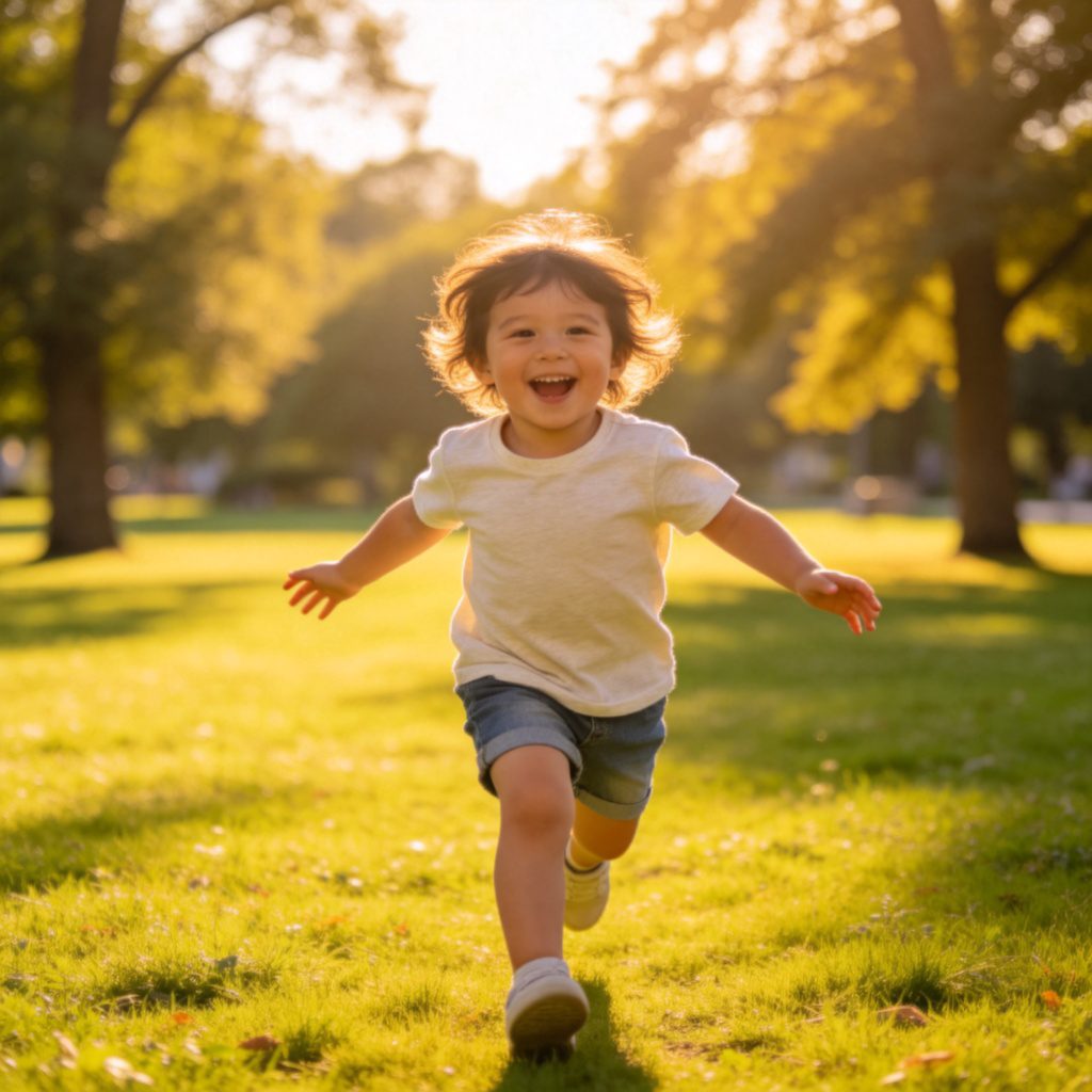A happy, healthy young child running through a green park, laughing with arms outstretched under bright sunlight. The focus is on the child's dynamic movement and joyful expression, conveying a sense of physical vitality and liveliness. The background is a simple, sunny park scene.