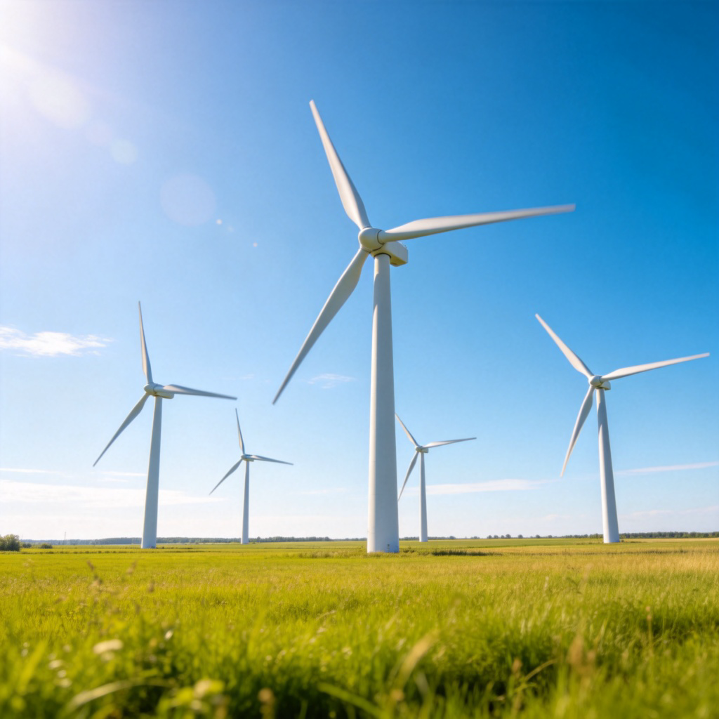 A bright, sunny day over a field with several tall, modern white wind turbines turning slowly. The blue sky and green grass create a clean, modern feel. The focus is on the turbines as a source of power generation. No text or people in the foreground.