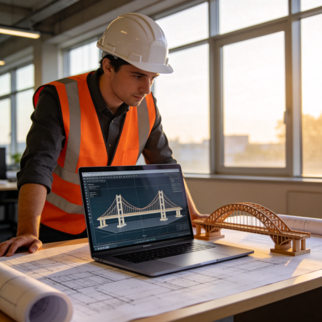 A person wearing a hard hat and safety vest, standing at a desk with architectural blueprints and a laptop showing 3D bridge designs. A small model of a bridge sits on the desk. The scene is in a modern office with natural light. Focus is on the person and the work materials. No text.