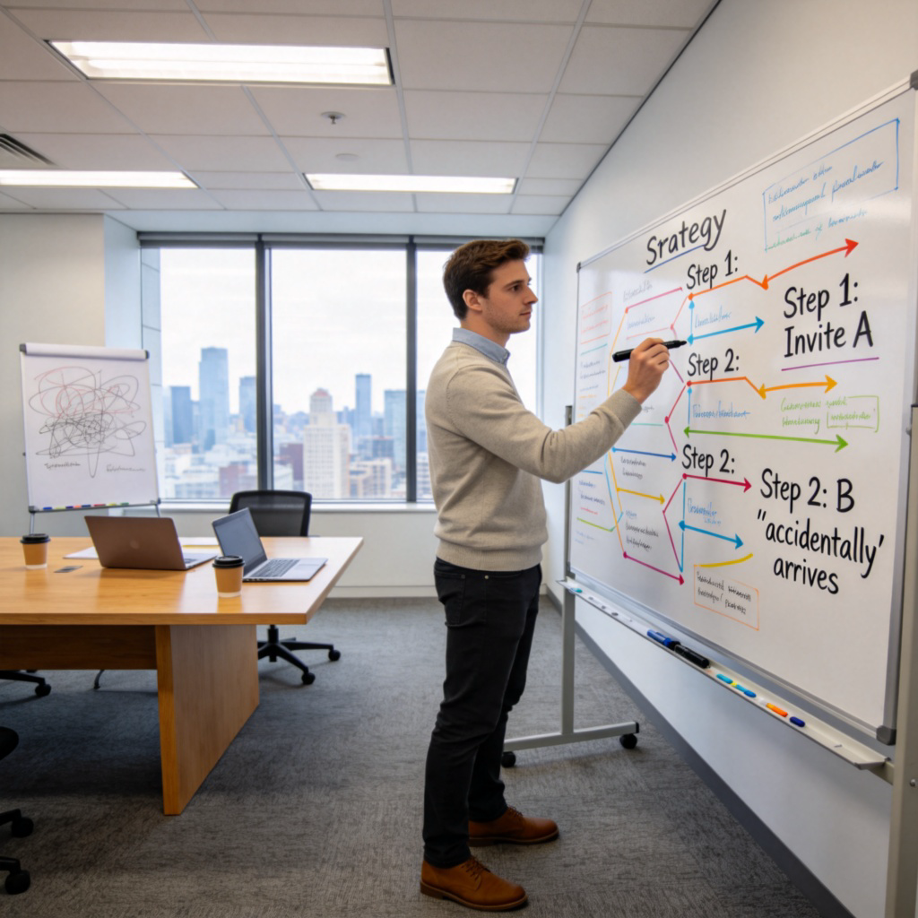 A person standing before a large flowchart or strategy board covered in notes and arrows, holding a marker and looking focused. The board shows steps like "Step 1: Invite A", "Step 2: B 'accidentally' arrives". The setting is a modern office meeting room. No text.