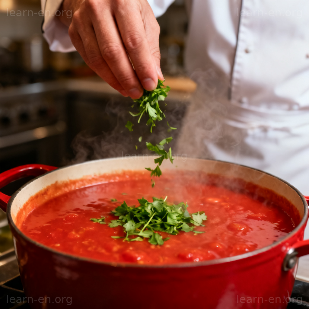 Enhance flavor concept shown by a chef adding herbs to soup to intensify taste.