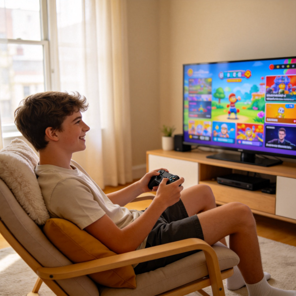 A smiling young person relaxing in a comfortable chair at home, happily playing a colorful video game on a TV screen. They look focused and content. Clean, well-lit living room setting. No text or logos.