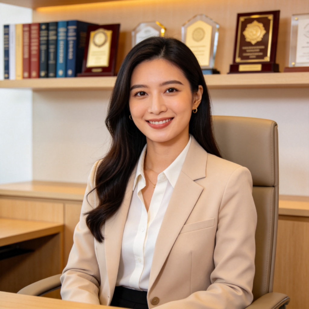 A well-dressed professional woman sitting in a modern office, smiling confidently and looking at the camera. She is surrounded by books and awards on a shelf behind her, symbolizing a respected position. Warm, professional lighting. No text.