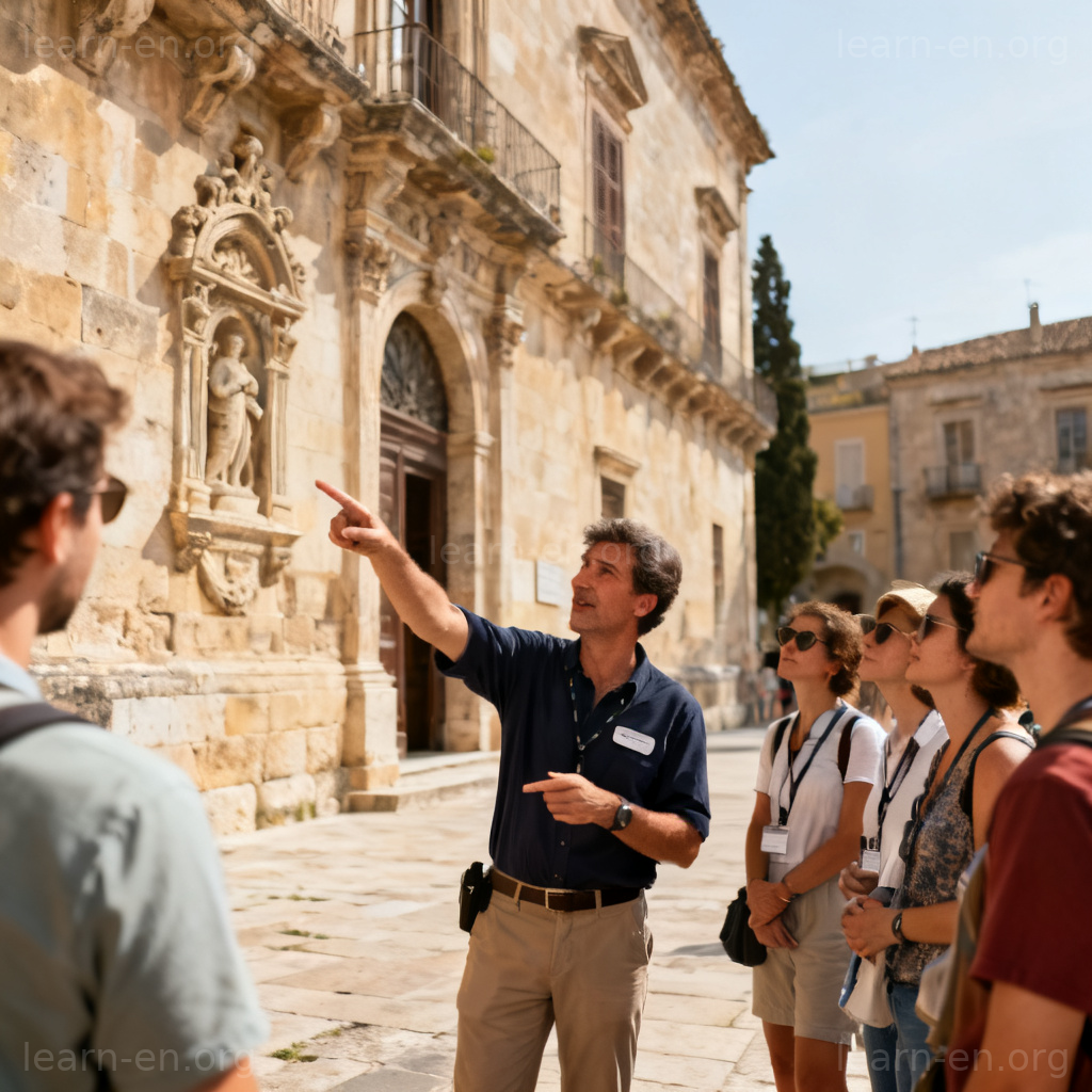 Enlighten definition scene: tour guide clarifying historical details to attentive group.