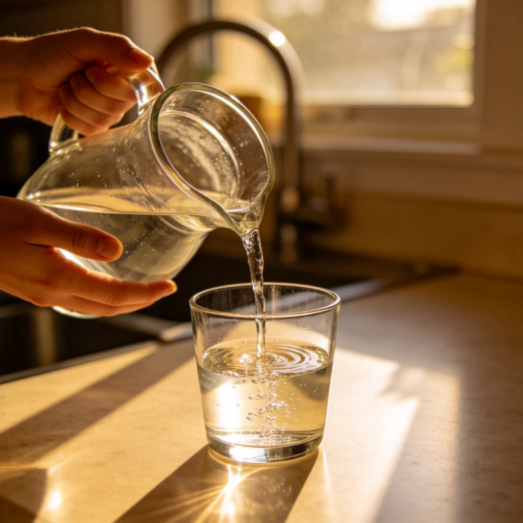 A close-up of a person's hands pouring water from a jug into a glass until the glass is perfectly full, not overflowing. The background is a simple kitchen counter. Sunlight streams in, highlighting the water. The focus is on the water level reaching the brim of the glass.