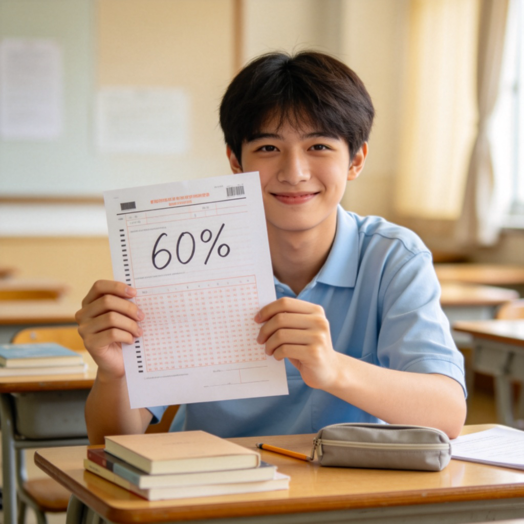 A student holds up a test paper with a score of 60 percent, showing a relieved smile. The background is a classroom desk with books and a pencil case. The expression shows 'just passing' or 'barely adequate' satisfaction, not excellence.