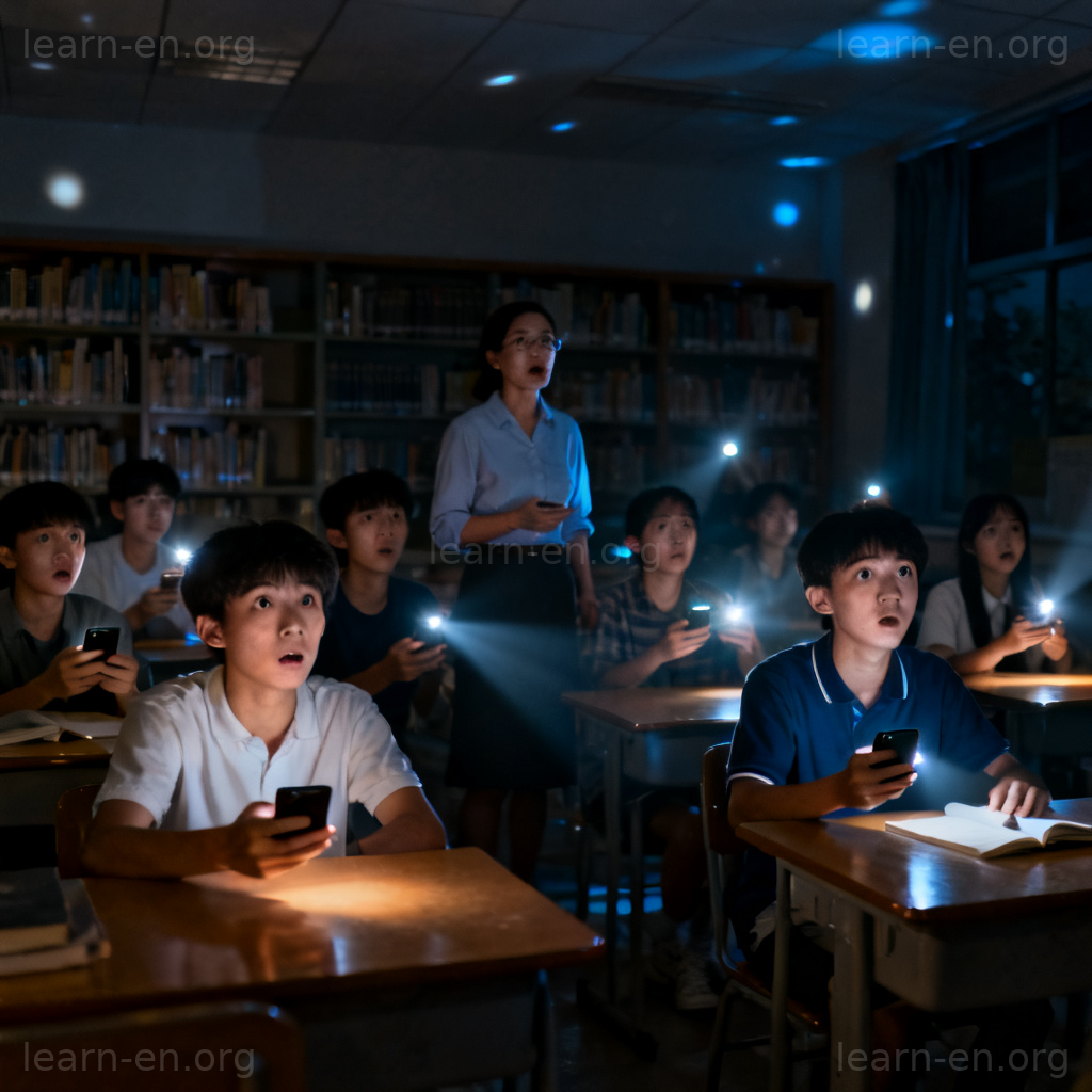 ensue 含义图解：停电后学生纷纷打开手机照明