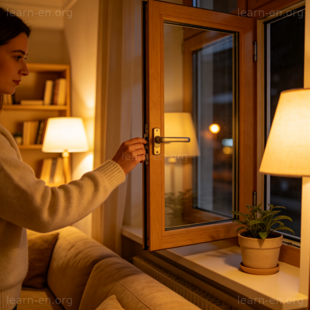 ensure all doors and windows are closed 短语图解：夜间安全检查关闭门窗场景