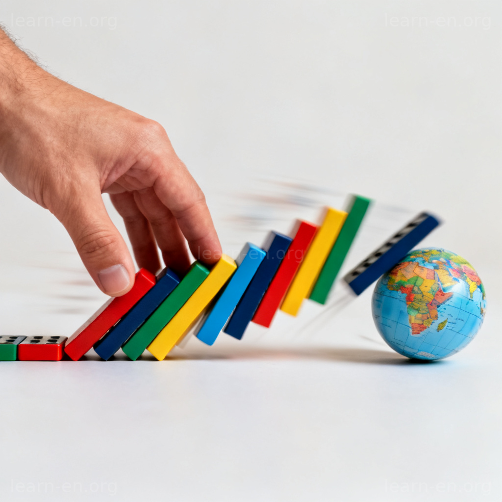 Entail consequence visualized: domino chain reaction showing one action leading inevitably to the next.