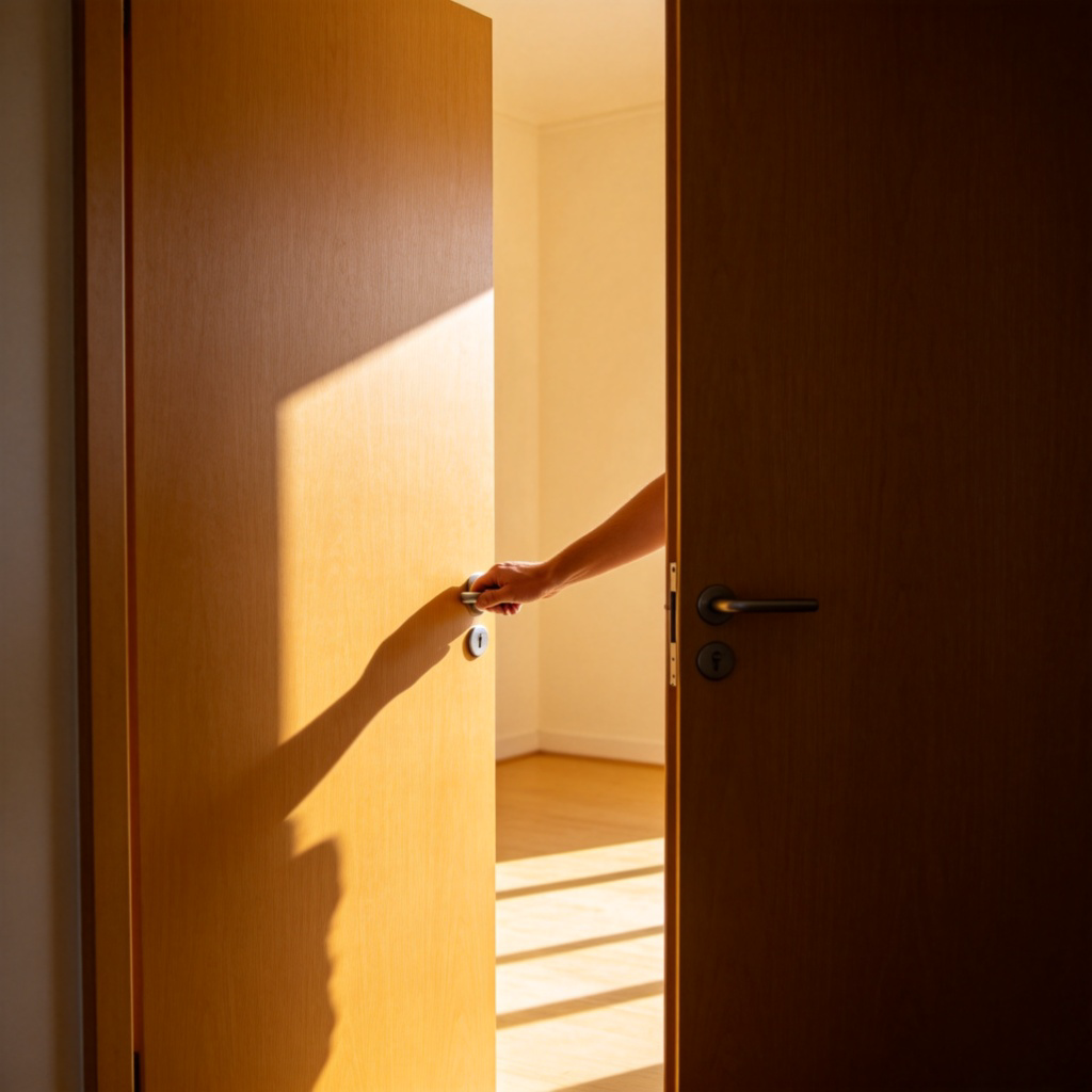 A person's hand pushing open a wooden door from the outside, revealing a well-lit room interior. The focus is on the act of crossing the threshold. Daylight from inside the room. Simple, clean background. No text.