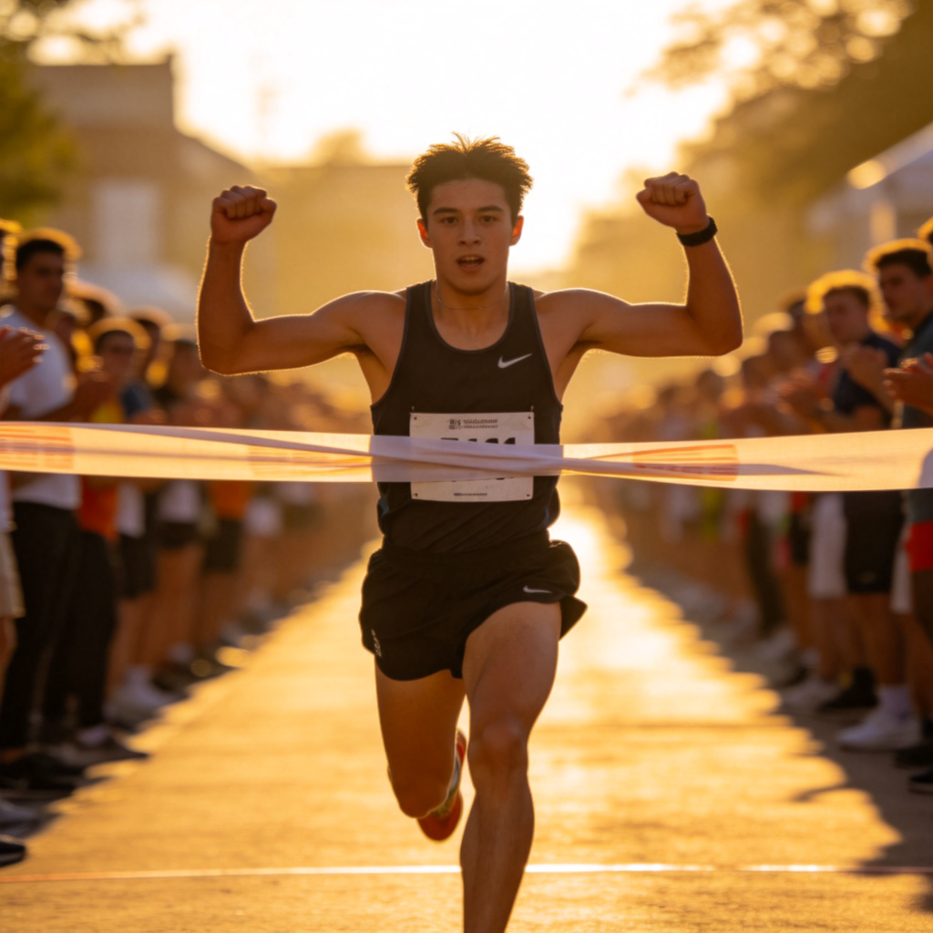 A runner in sportswear is breaking through a finish line ribbon, with a look of effort and determination. The crowd is blurred in the background, focusing on the moment of entry into the competition's final stage. Bright outdoor lighting. No text or numbers.