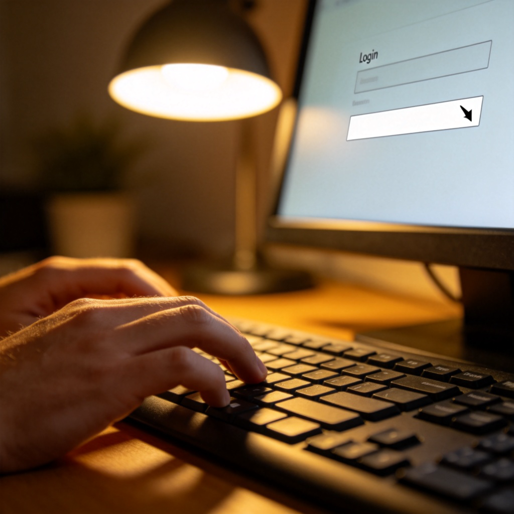 Close-up of a person's fingers typing on a computer keyboard. The screen in the background shows a simple login form with a cursor blinking in a blank field. Warm desk lamp lighting. No visible text on the keyboard or screen details.