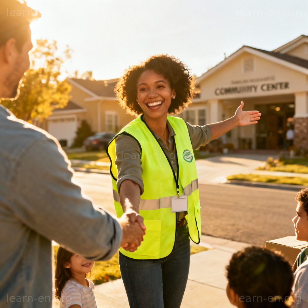 Enthusiastic community volunteer warmly greeting new neighbors with a bright smile.