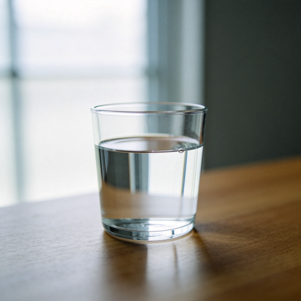 A clear glass cup placed on a wooden table, filled to the very brim with water so that it is entirely full and the water surface is perfectly level. Soft daylight from a window, focus on the cup and water, no spills or bubbles. Plain background, no text or labels.