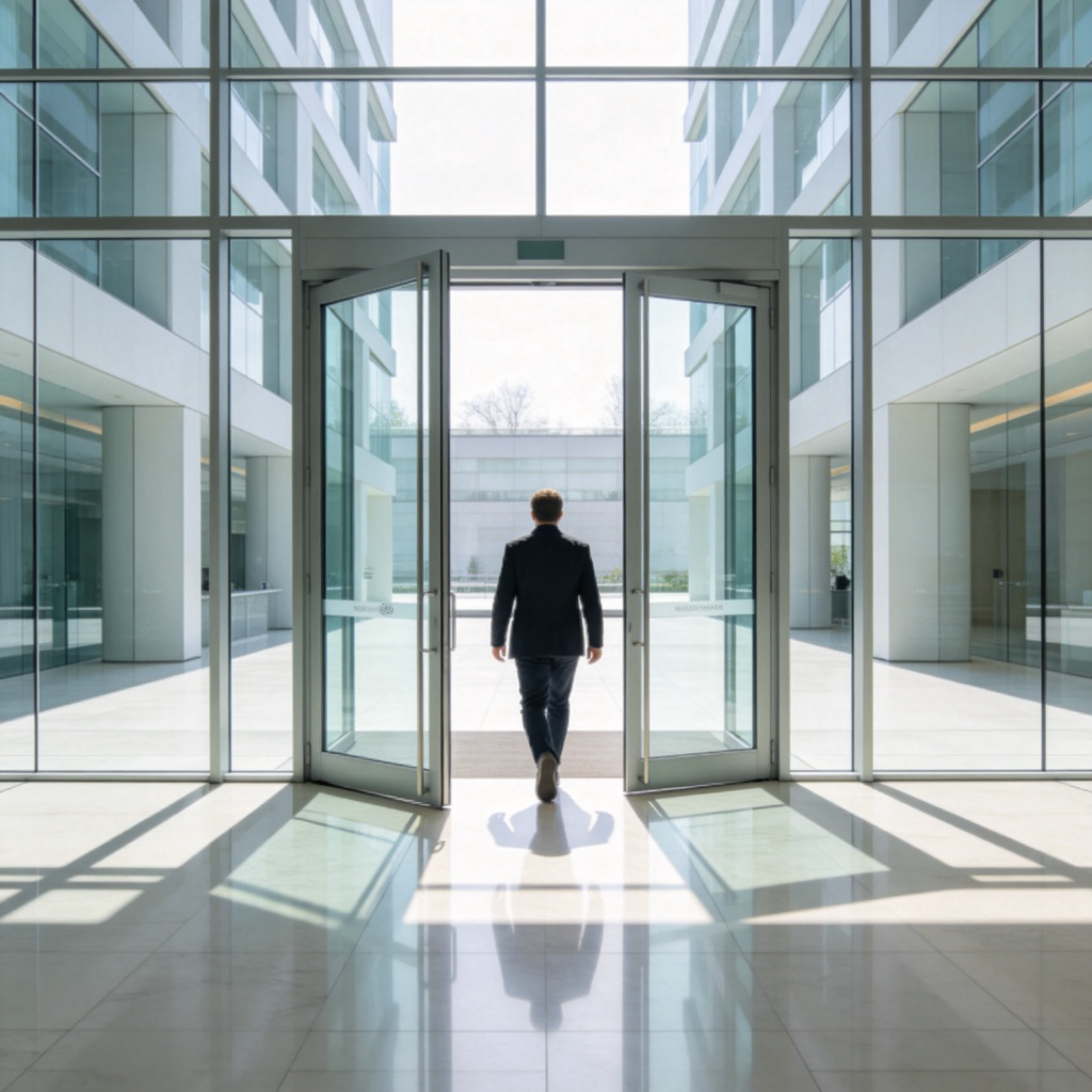 A person walking through a large, open glass door into a bright, modern building lobby. The focus is on the doorway and the act of entering. Clean lines, natural light, no people blocking the view. No text or logos on the door.