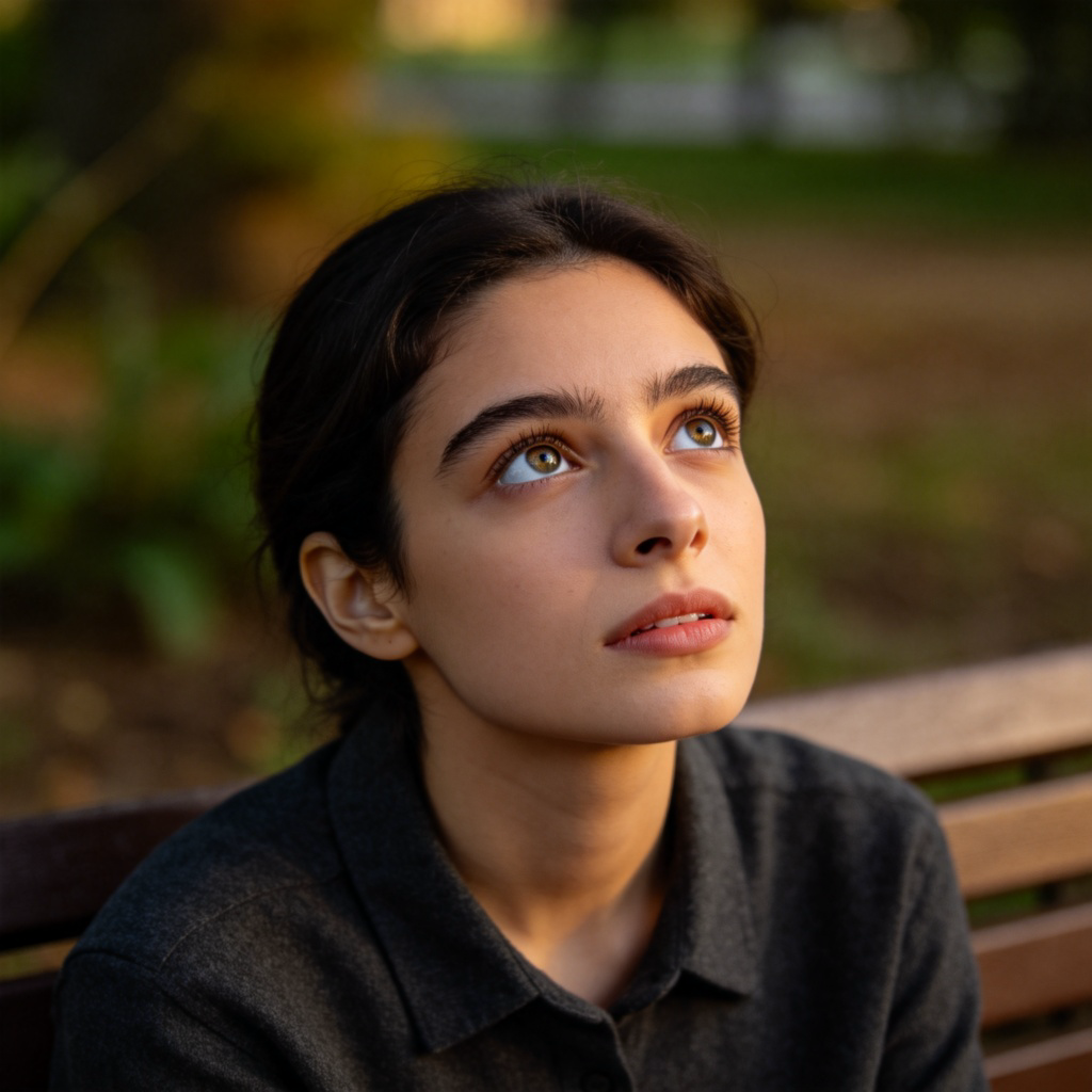 A person sitting on a bench, completely still, with a look of wonder and focus on their face. Their eyes are fixed on something out of frame (like a beautiful painting or a performer). Soft lighting, blurred background to emphasize their captivated expression. No text.