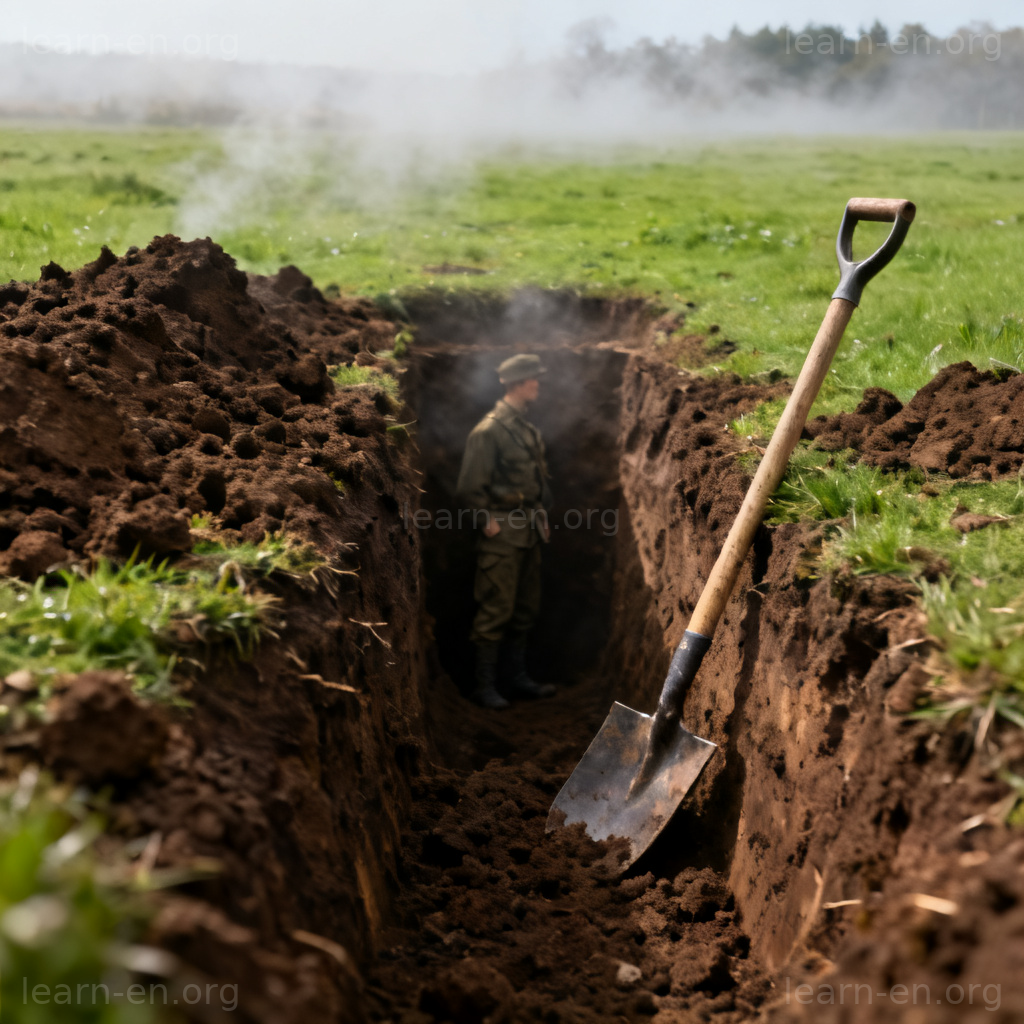 Entrench as dig a trench military field with shovel stuck