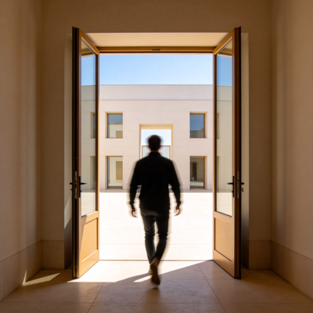 A person is walking through an open doorway into a brightly lit building, viewed from behind. The focus is on the action of crossing the threshold. Clean, modern architecture, daytime. No text on the door or signs.