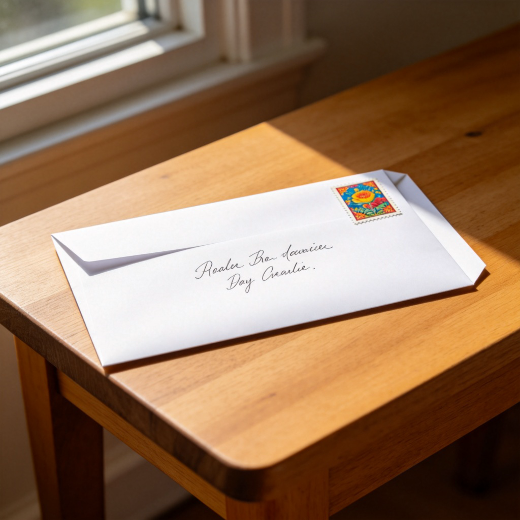 envelope 信封图解：木质桌上未封口的白色信封，贴有邮票