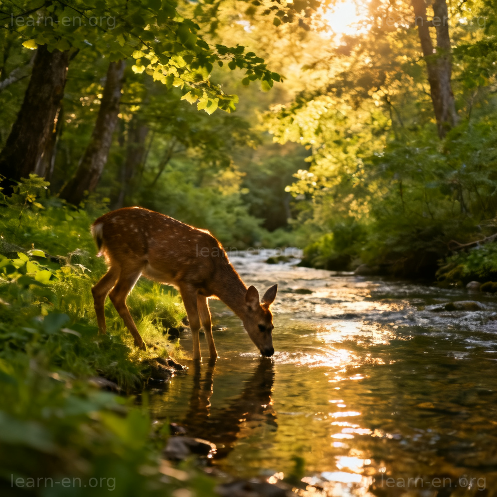 Natural environment diagram depicting a lush forest ecosystem with wildlife and a stream.