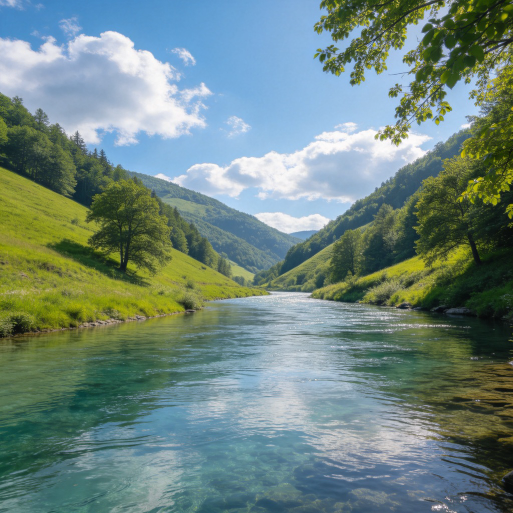 A wide, peaceful landscape showing clean air, a blue sky with fluffy clouds, a clear river flowing through green hills, and healthy trees. The scene should look pristine and beautiful, conveying a sense of a healthy natural world. Photorealistic style, bright natural lighting. No text or people.