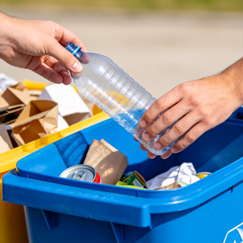 A person's hands placing a plastic bottle into a blue recycling bin, with other sorted recyclables like paper and cans visible nearby. Focus on the action of recycling, set against a simple, clean background. The lighting is clear and bright, emphasizing a positive, everyday act of environmental care. No text or logos.