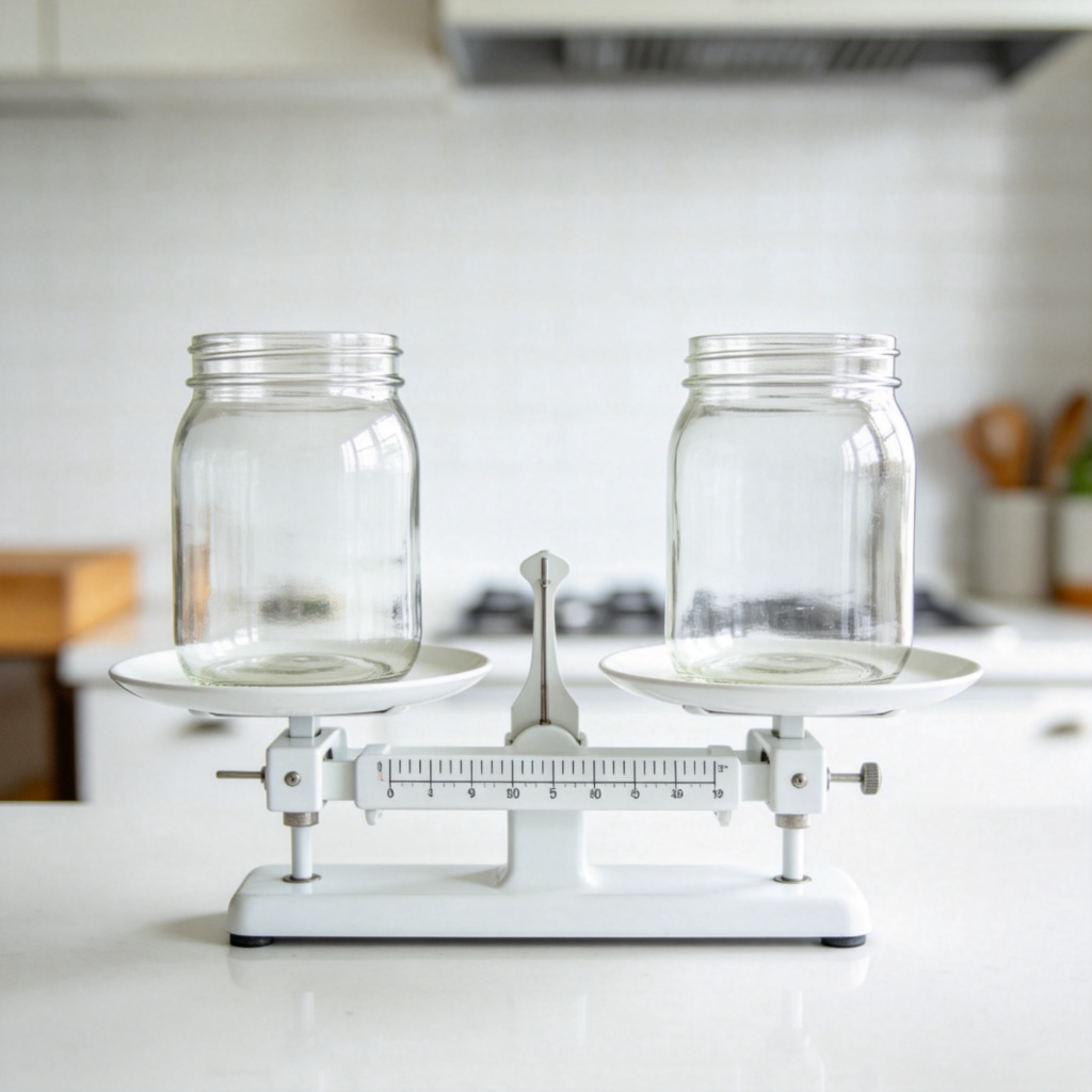 Two identical clear glass jars sitting on a white kitchen scale. Both sides of the scale are perfectly balanced at the same level. Bright, even lighting, focus on the balance point of the scale and the two identical jars. No text.