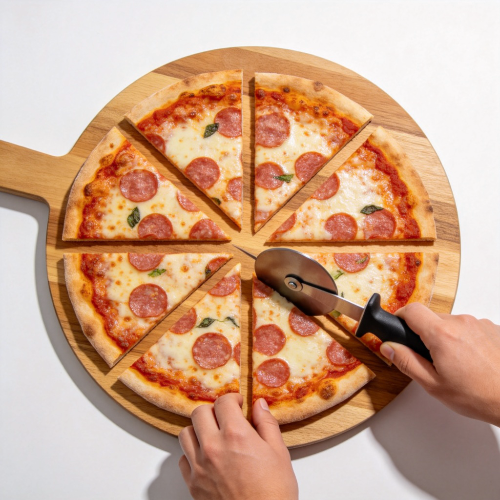 A round pizza on a cutting board, being cut by a pizza cutter into six perfectly identical triangular slices. A person's hands are in view, holding the cutter. Top-down view, clean background, focus on the equal slices. No text.
