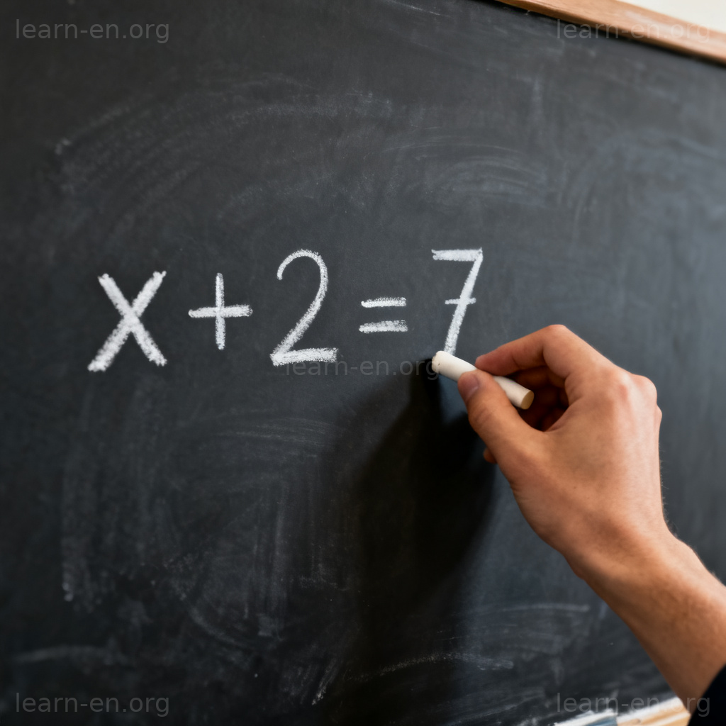 Equation diagram showing a simple algebra problem solved on a chalkboard.
